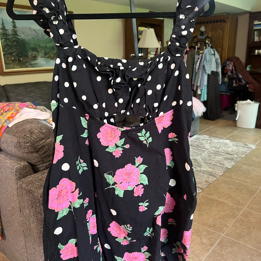 Free People Black Mini Dress with Pink Floral & White Polka Dots